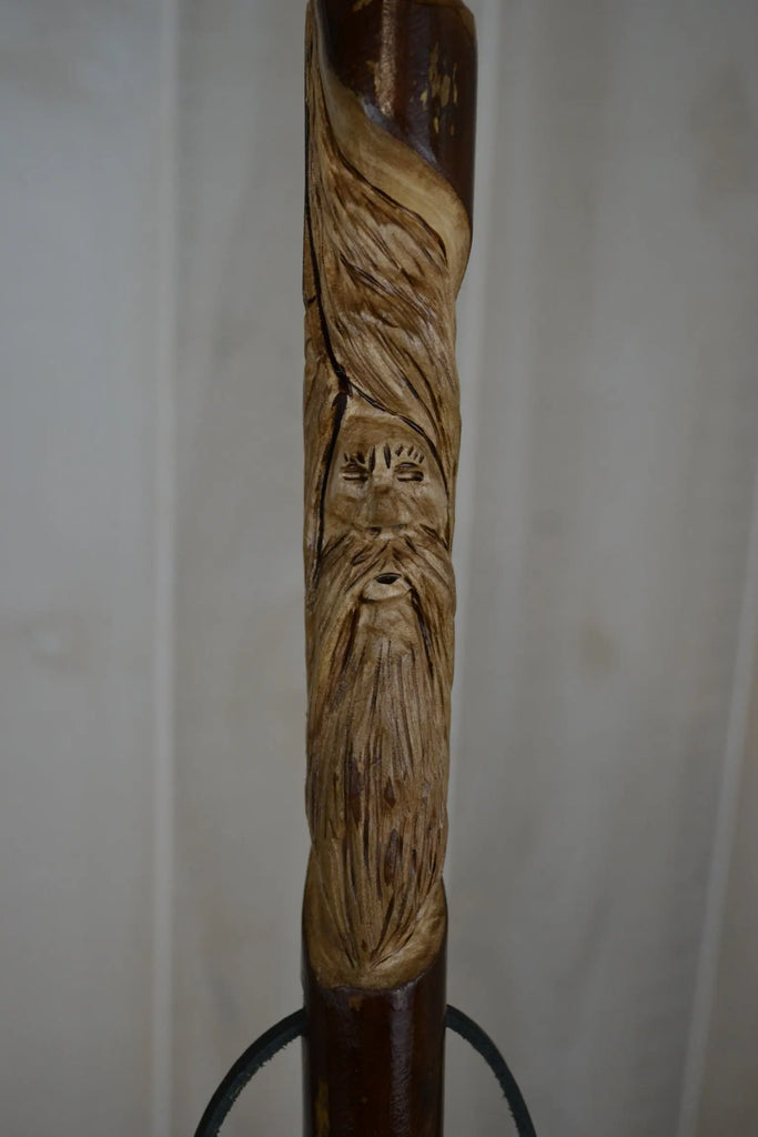 Wood Walking Stick with Wood Spirit Carving in Sweetgum – Creation Carvings