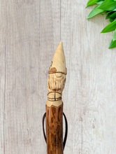 Gnome carved at the top of a walking stick with a background. 