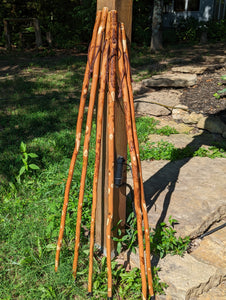 Outdoor picture of multiple sticks leaning on a post. 