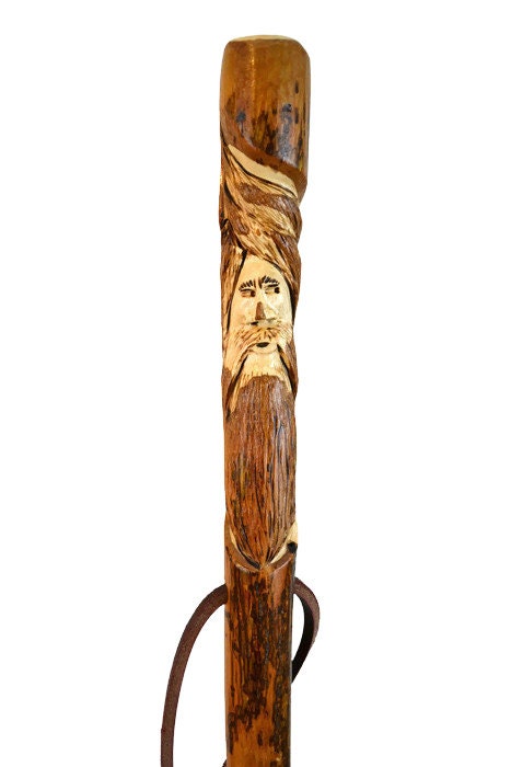 Walking Stick - Hand-Carved Wood Spirit - Hardwood- Strong - Face