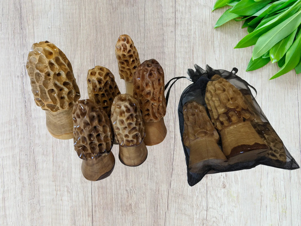 Bag of Morels, Set of 3 Morel Mushrooms, Handcarved morel mushrooms i Creation Carvings